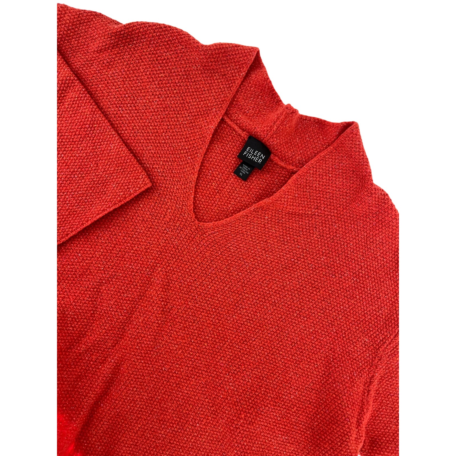 Eileen Fisher Orange Textured Knit V Neck Dolman Sleeve Sweater Top Wool Silk Xl